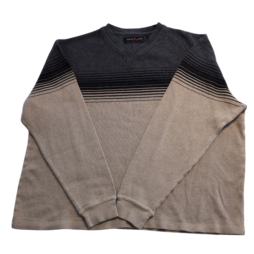 Pierre Cardin Sweater Men's‎ L Pullover Stripe Grey/Blk/Blue V-neck Crew Preppy